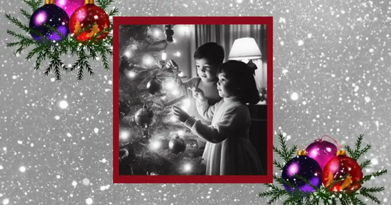Christmas Image with kids putting ornaments on the Christmas Tree
