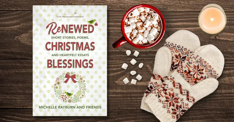 Christmas image background with book titled: Renewed Christmas Blessings